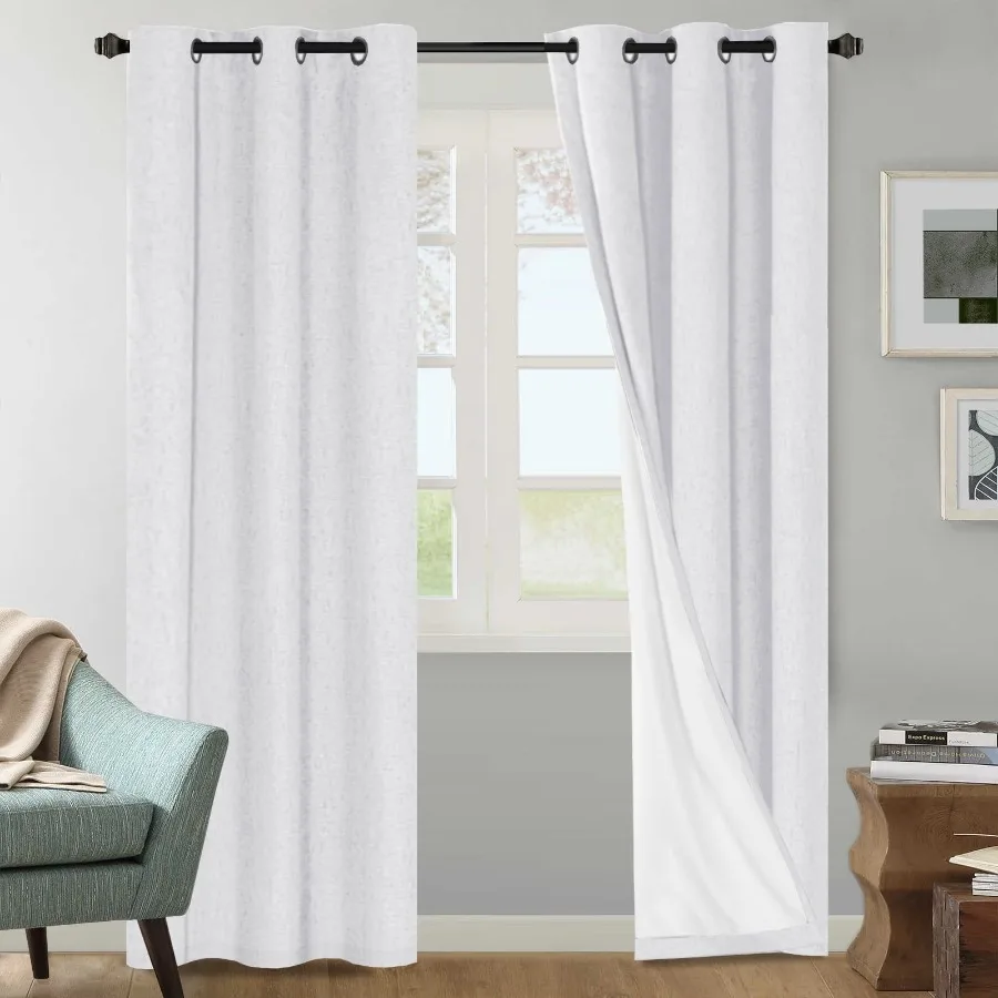 100 Blackout Curtains for Bedroom 84 inch Length 2 Panels Faux Linen Curtains with White Thermal Insulated Liner