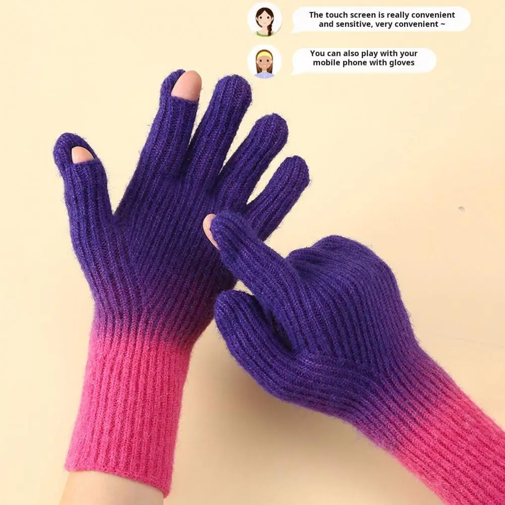 

Stretchy Gloves Women's Gradient Contrast Color Knitted Gloves for Fall Winter Anti slip Thermal Outdoor Cycling