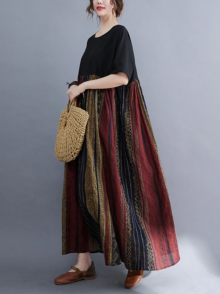 Patchwork Vintage Striped Dresses For Women New Short Sleeve Cotton Loose Casual Long Summer Dress Robe Elegant Clothing 2025