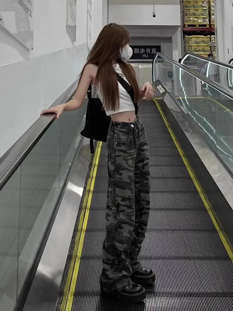 

American Style Retro Camouflage Work Pants Women's Spring Summer Loose Wide Leg Slim Version Straight Casual Trousers