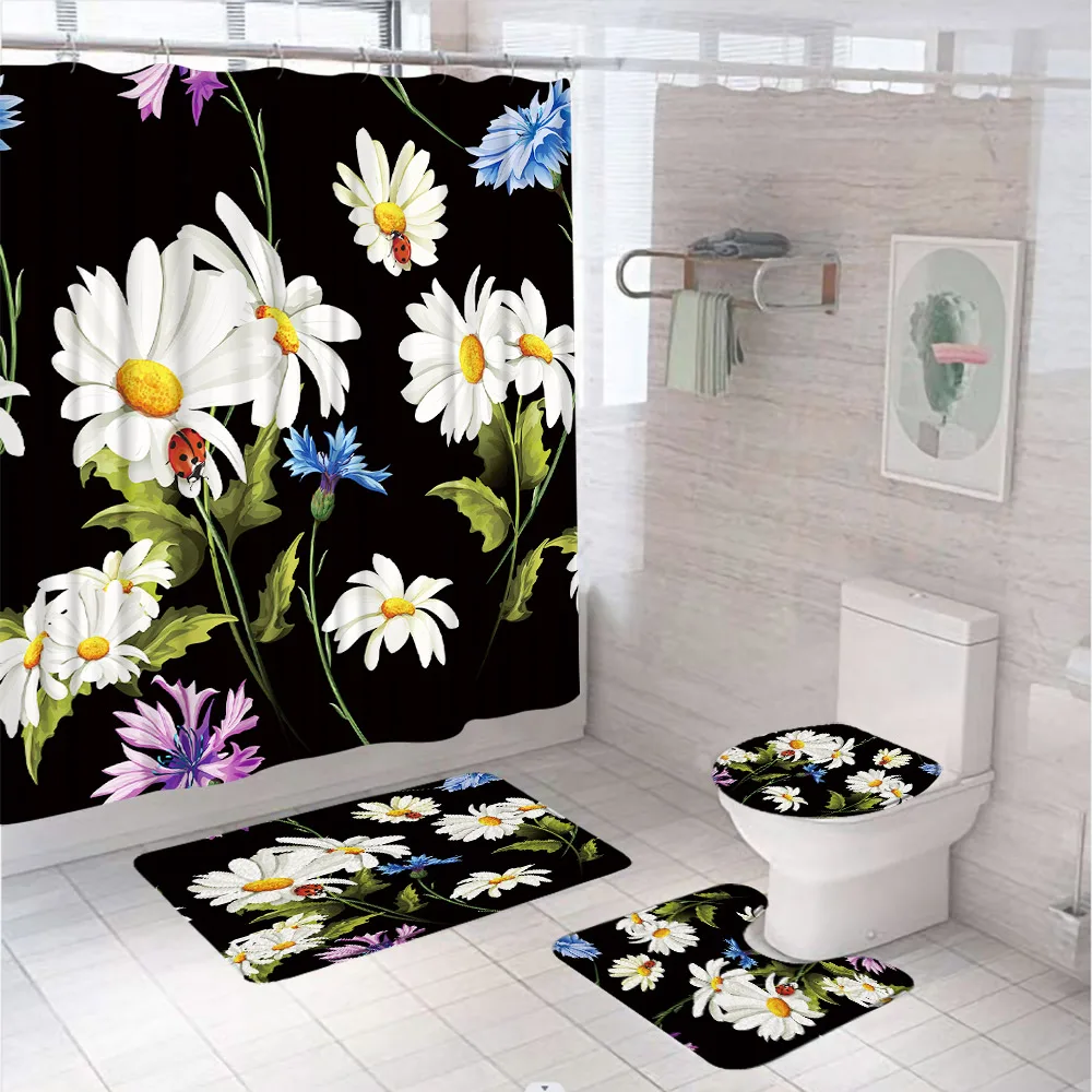 White Watercolor Daisy Flowers Shower Curtain Set Non-Slip Toilet Cover Rug Bath Mat Ladybug Floral Bathroom Curtains Home Decor