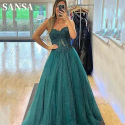 Sansa Elegant Green A-line Puffy Prom Dress Lace Embroid On Chest Vestidos De Noche Shiny Ball Gown Strapless فساتين سهره فاخره