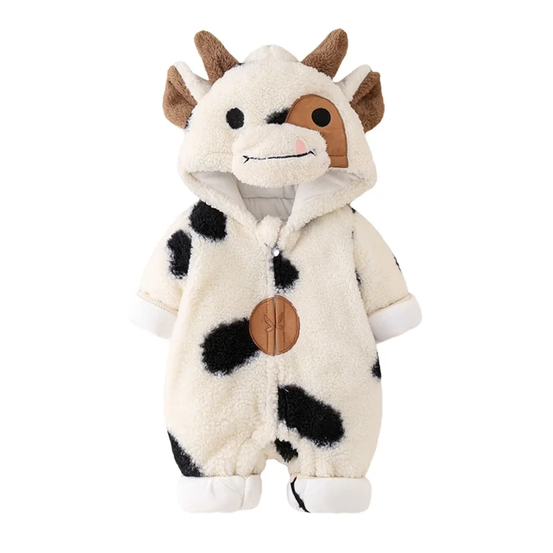 Baby Girls Boys Plush Jumpsuit Halloween Cosplay Costume Long Sleeve Cartoon Cow Print Zipper Hooded Romper Clothes