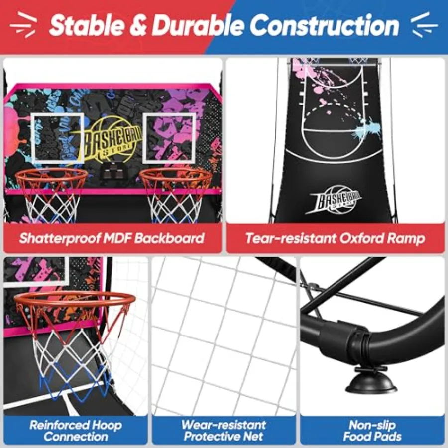 Indoor foldable 2-player electronic basketball arcade game with dual LED scoreboard, black and red plastic, 81.1in height, 8 ga - view 6