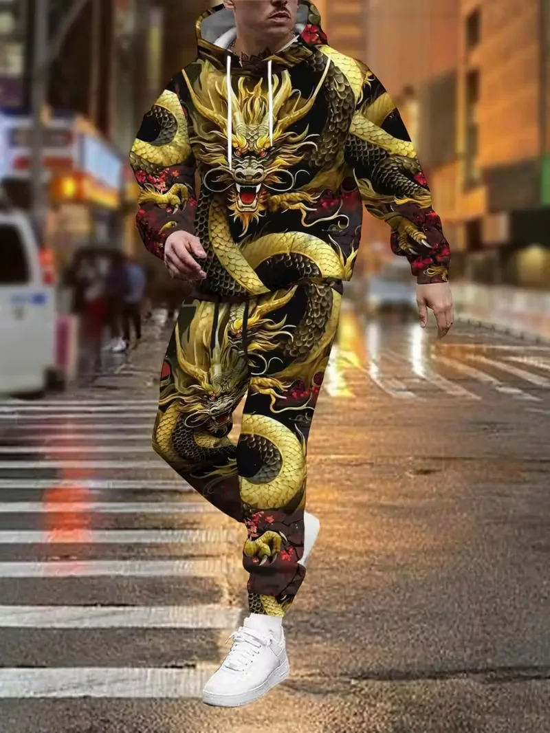 Cool Dragon 3D Print Men's Hoodie Pants 2-Piece Outfits Autumn/Winter Men's Hooded Sweatshirt Sets Jogging Pants 2Pcs Sets