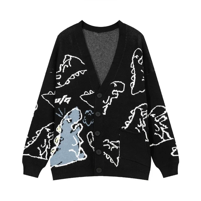 Women\'s Spring Autumn New Fashion V-neck Cartoon Embroidered Button Casual Long Sleeved Loose Sweater Knitted Cardigan Tops