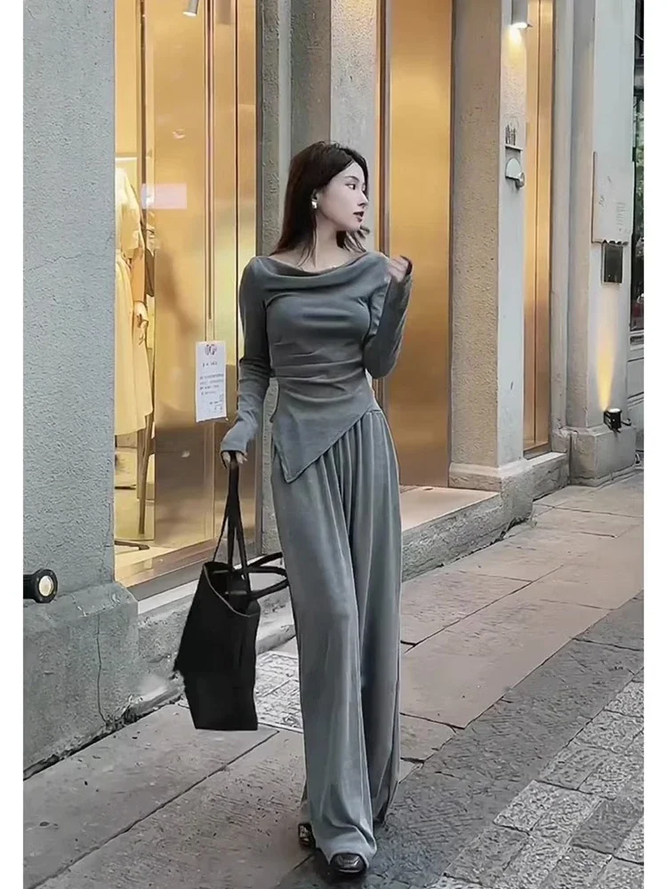 Asymmetrical T-shirts Women Korean Clothing Off Shoulder Slash Neck Long Sleeve Graceful Temperament   Leisure Simple