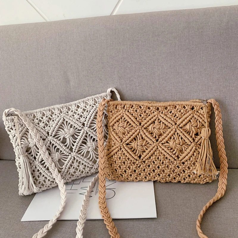 1PC New Simple Summer Beach Seaside Shoulder Bag Oblique Cross Bag Clutch Tassel Cotton Rope Bag Woven Bag