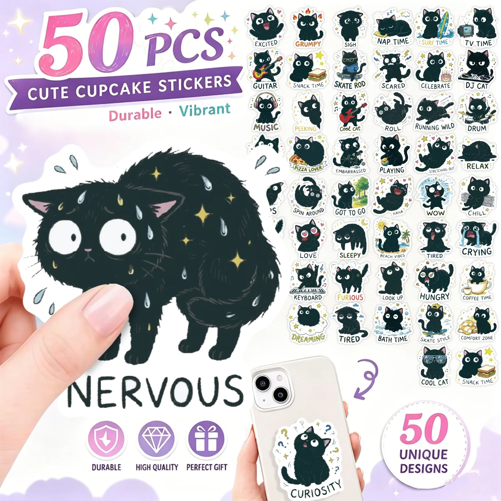 50PCS Cute Emotional Black Cat Stickers Various Mood Expression Kitten Decorative Stickers Scrapbook Journal Planner Accessories