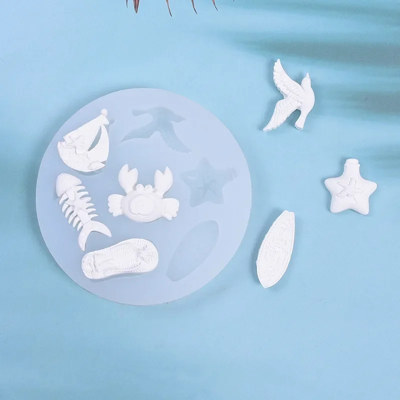 Seagull Fish Bone Starfish Small Crab Fondant Silicone Mold, Small Sailing Cake Decorative Baking Mould