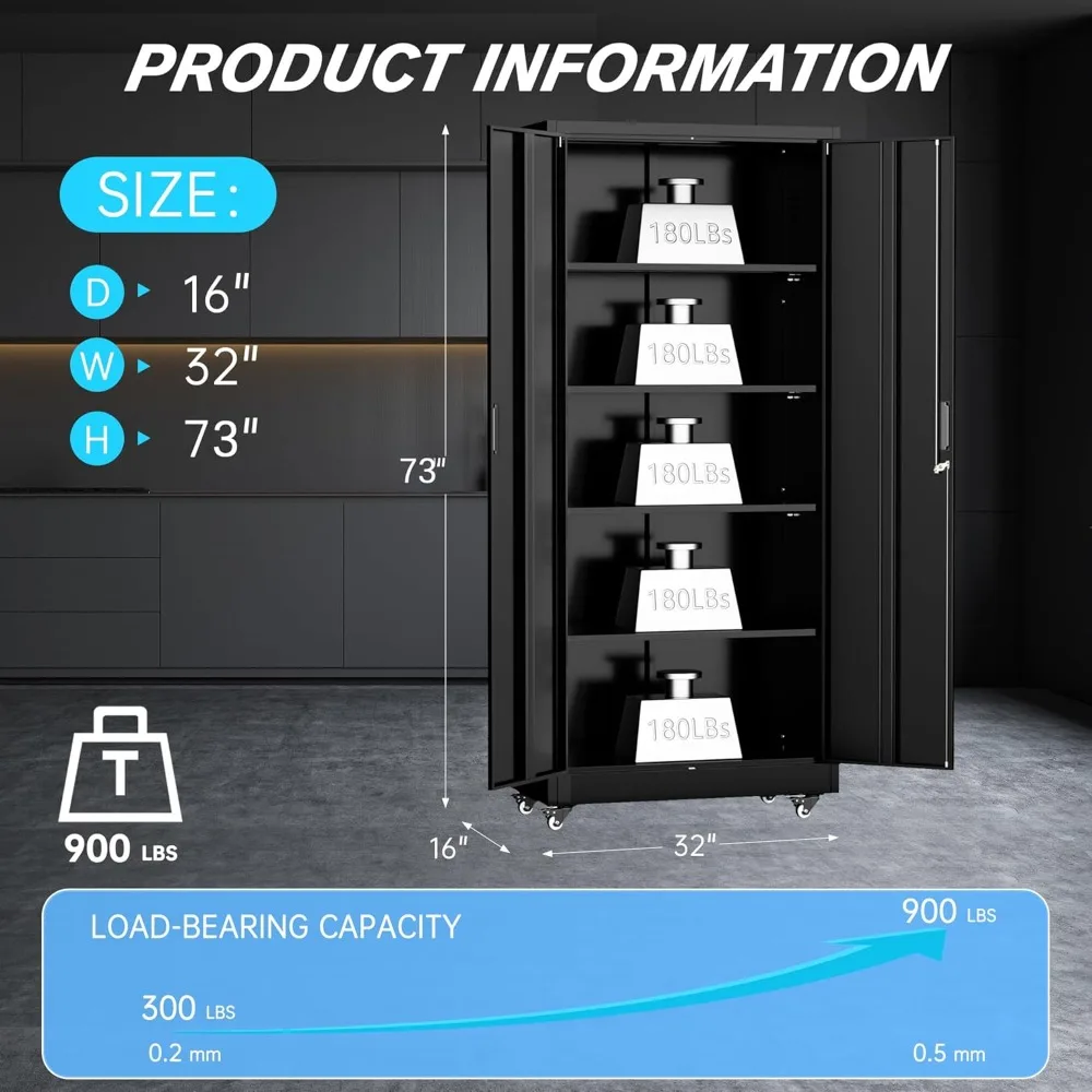 73インチの金属製収納キャビネット（キャスター付き）、ガレージ収納キャビネット（4つの調節可能な棚とロック可能な扉付き）、ガレージ、ホームオフィス用