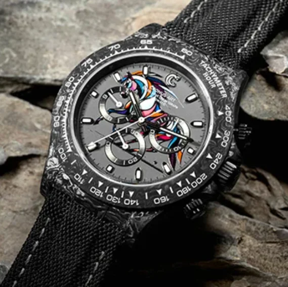 CRONUSART Men Chronograph Watch 40mm Automatic Mechanical Wristwatch Carbon Fiber Case Sapphrie Mirror Luminou Horse Year Dial