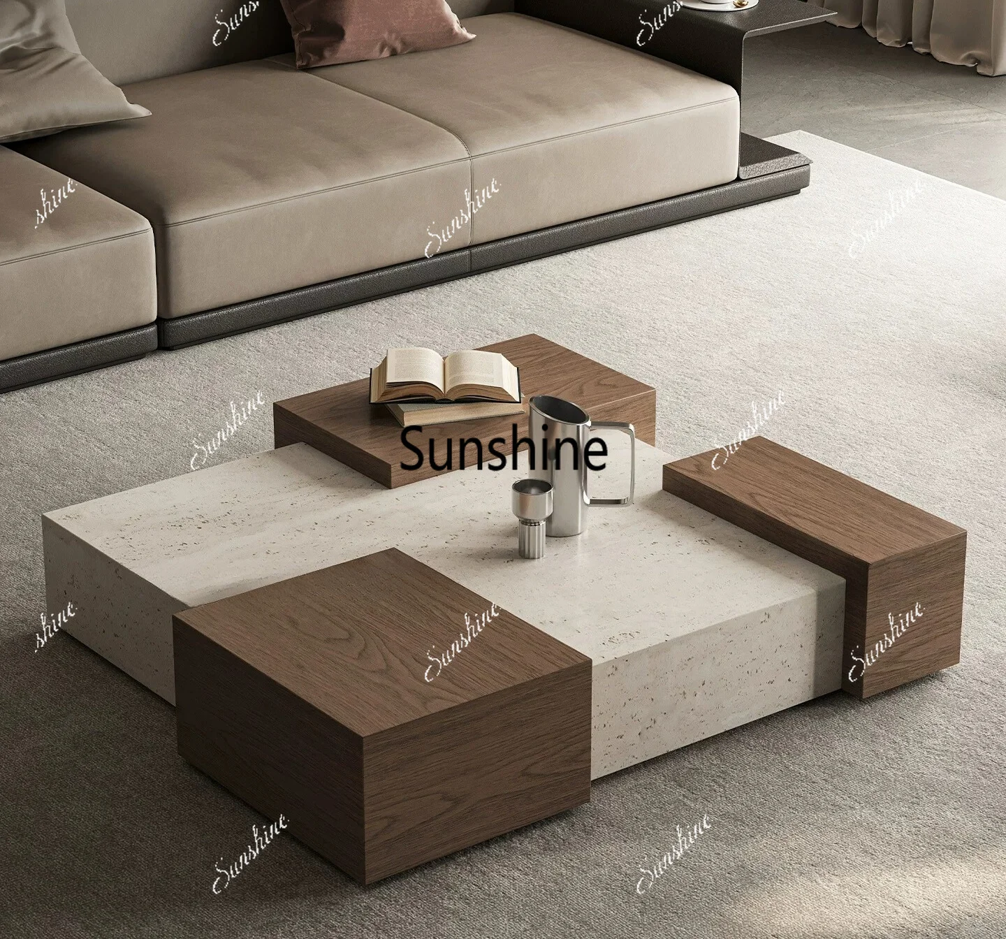 Italian minimalist travertine solid wood veneer geometric splicing module household tea table
