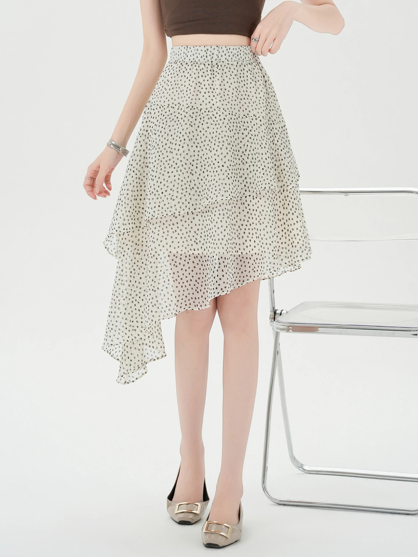 

Summer 2026 New Style Women's High Waist A-Line Midi Skirt Polka Dot Layered Drapey Slimming Korean Style Commute Skirt