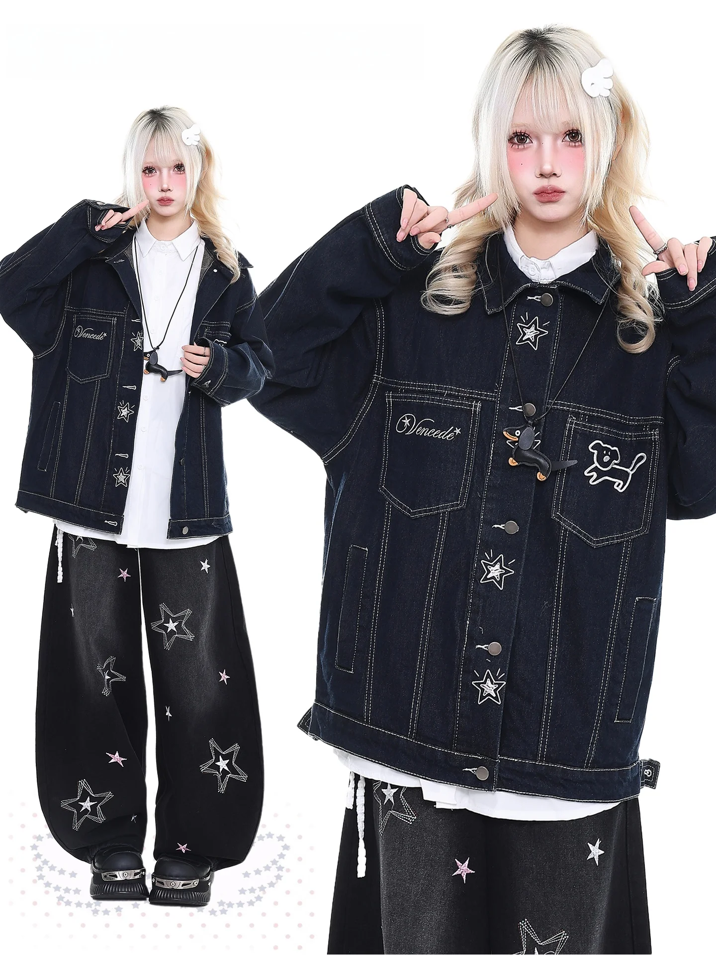 

Orange Marmalade YO Y2K Cartoon Embroidered Patchwork Denim Jaet Women's Loose Collar Jaet Spring 2026 Casual Outerwear