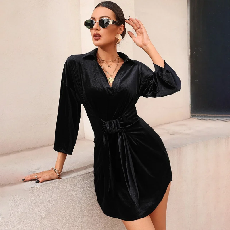 

YQ1-New Women's Fashion Elegant Commuter Lapel Long Sleeve Tie Waist Bodycon Velvet Dress