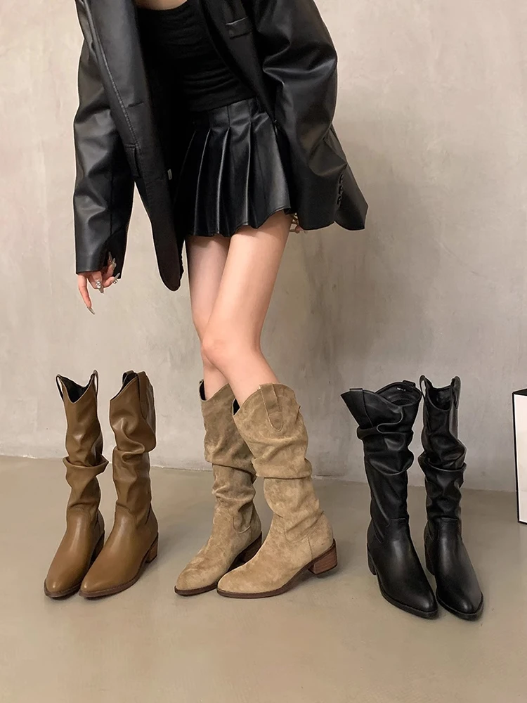 

Коричневые длинные сапоги-трубы в стиле ретро, ковбойские сапоги в стиле вестерн с высокой трубкой arp Point Knight Boots, корейские сапоги на среднем каблуке с резиновой подошвой, всесезонные