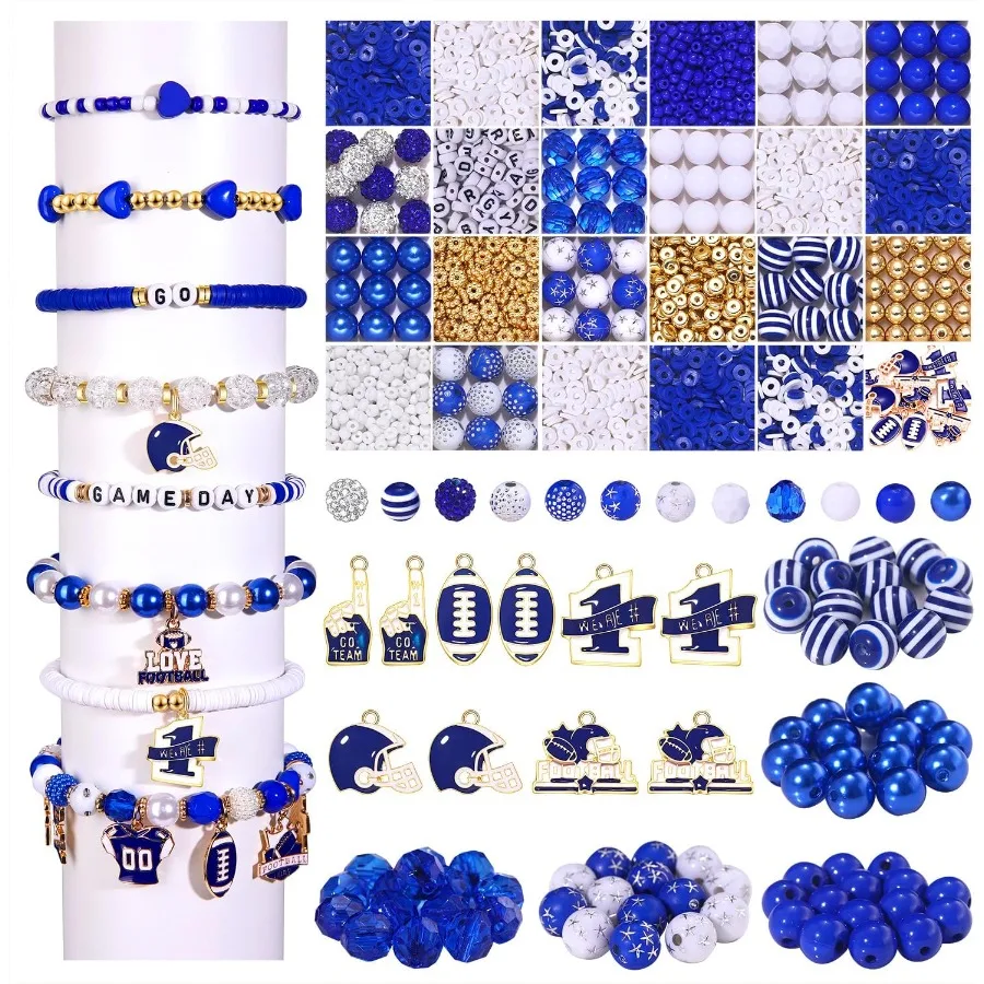 

Game Day Friendship Bracelet Kit Assorted Blue White Heishi Clay Pearl Letter Round Loose Beads Gold Spacer Beads with Sports F