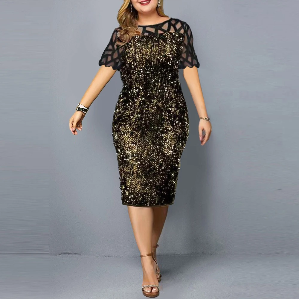 Elegant Sequin Wedding Party Dress For Women 2023 Summer Casual Mesh Short Sleeve Lace Bodycon Evening Dresses Ladies Midi Robe