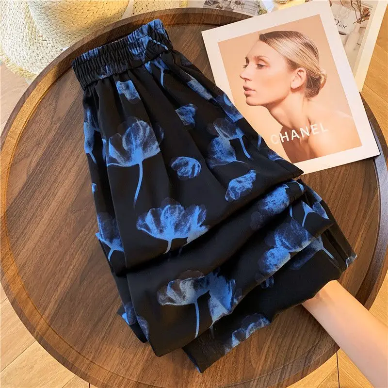 

Pants female summer new thin blue butterfly print elastic high waist loose drape slim casual wide-leg pants. sweatpants