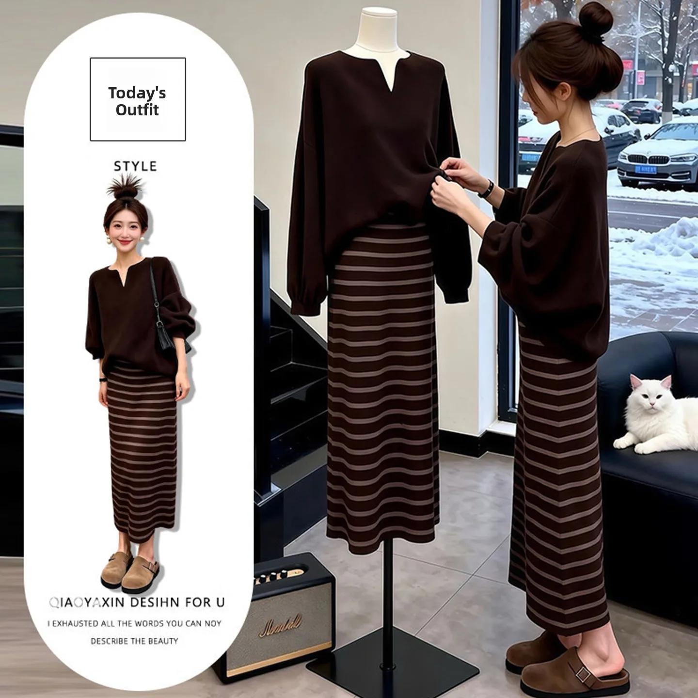 Original High Quality Winter Knitted Sweater And Stripe  Skirt Women's Set Casual Sportswear Three Piece Suite Female Model