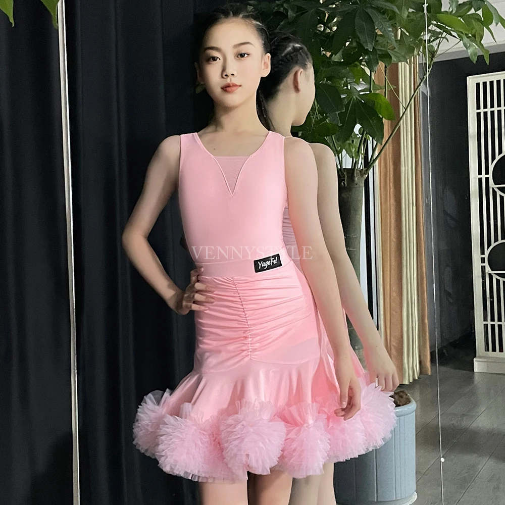 ベニースタイル ラテンダンスドレス ピンク オフショルダートップス フレアスカート付き 練習用 パフォーマンスセット ガールズ ラテンダンス衣装