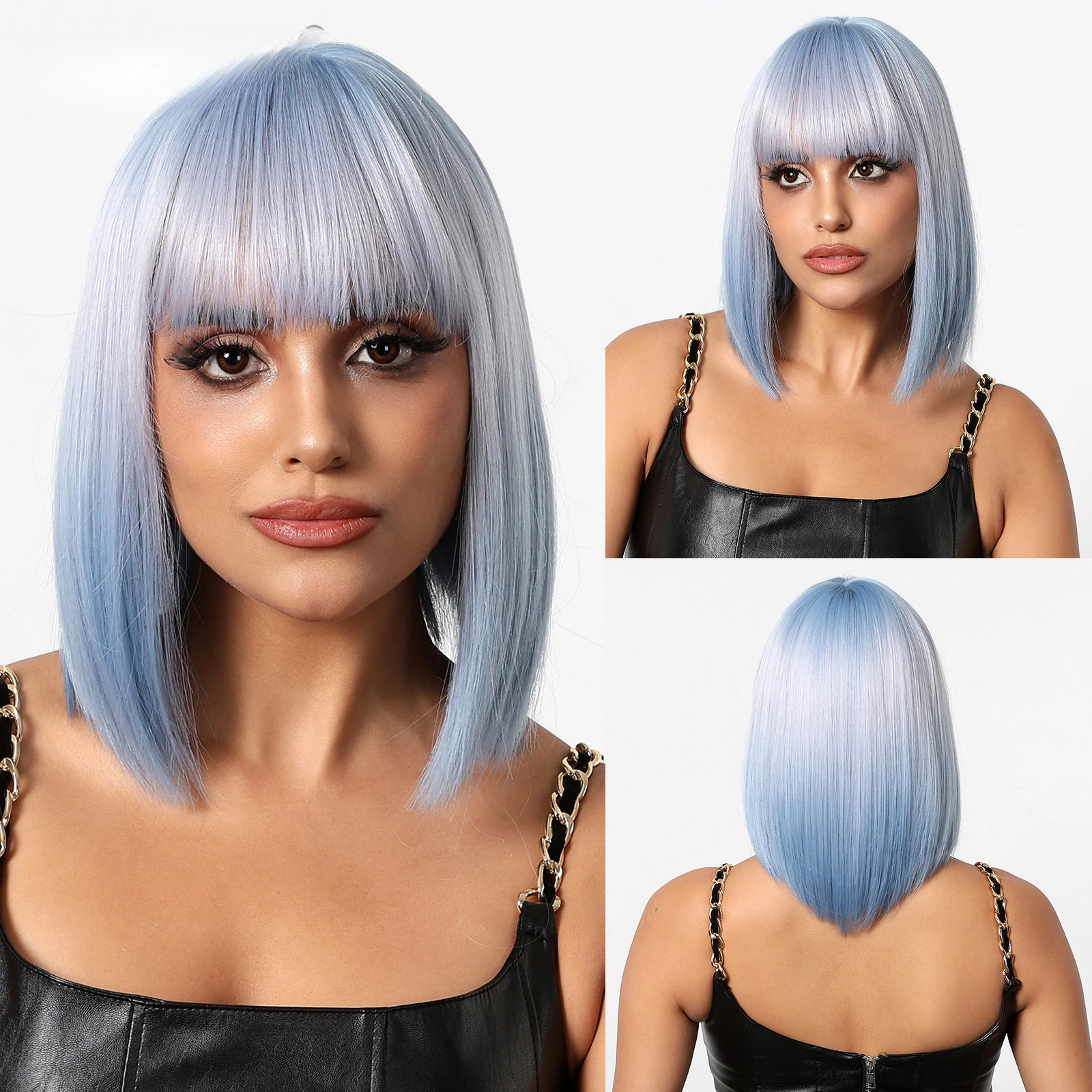 

Ombre Blue Blonde Short Bob Bangs Synthetic Straight Cosplay Lolita Natural Hair Wigs for Women Heat Resistant Fibre