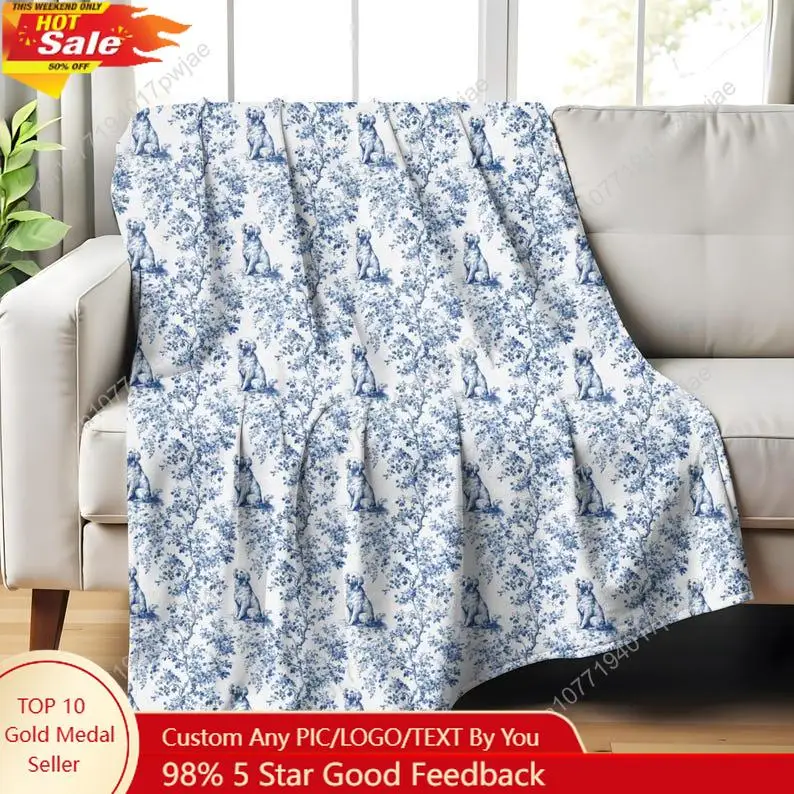 Golden Retriever French Toile Blanket Velveteen Blue Toile de Jouy Cozy Throw for Golden Retriever Lovers, Dog Mom Plush Blanke