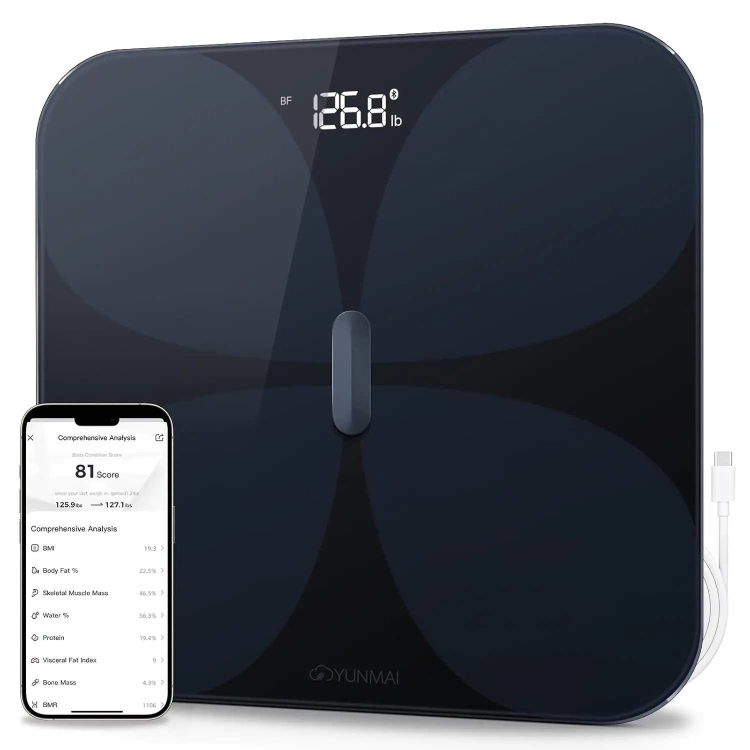 

Smart Body Composition Scale with BMI, Body Fat, Muscle Mass, 13 Metrics, Bluetooth, Rechargeable, 400lb