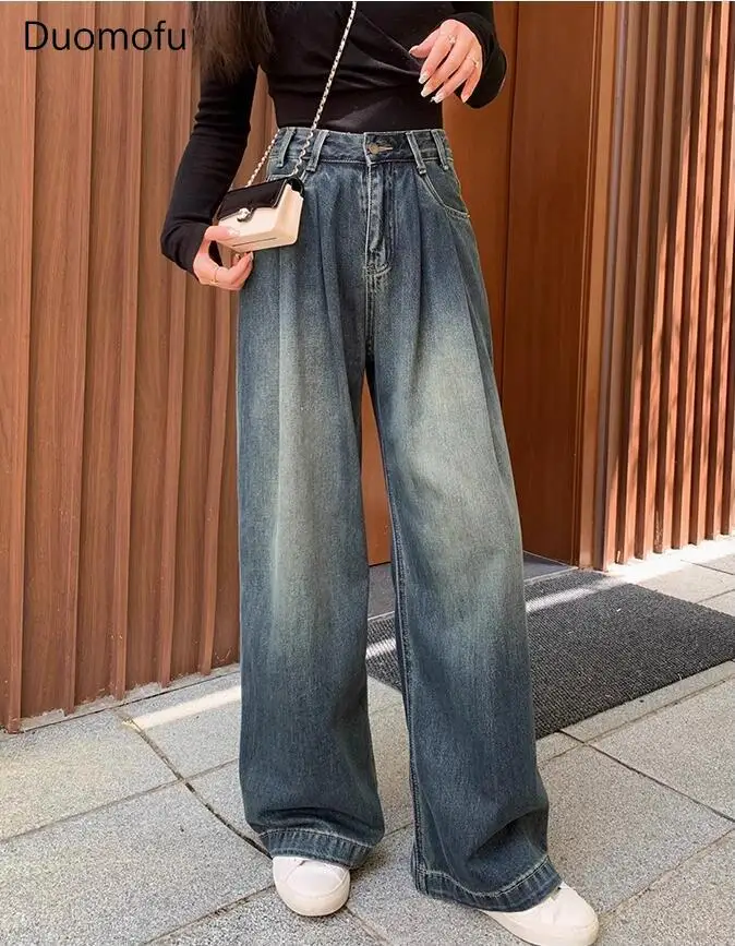 

Duomofu Dark Blue Casual Vintage Loose Women Wide Leg Pants Autumn American Full Length Fashion High Waist Straight Female Jeans