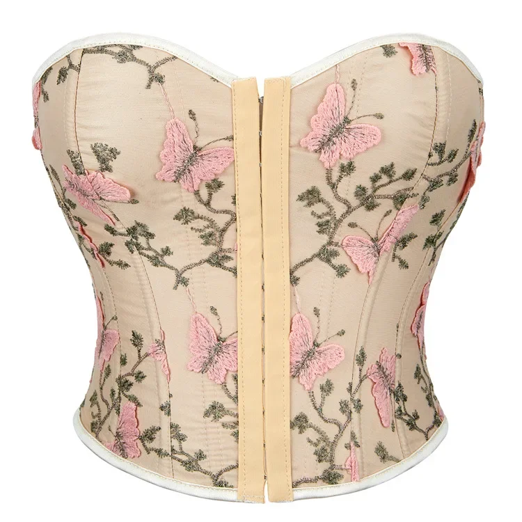 Women Sexy Flowers Pattern Butterfly Embroidery Corset Strapless Overbust Corset Crop Top Simple Elegant Lace-Up Bustier Corset