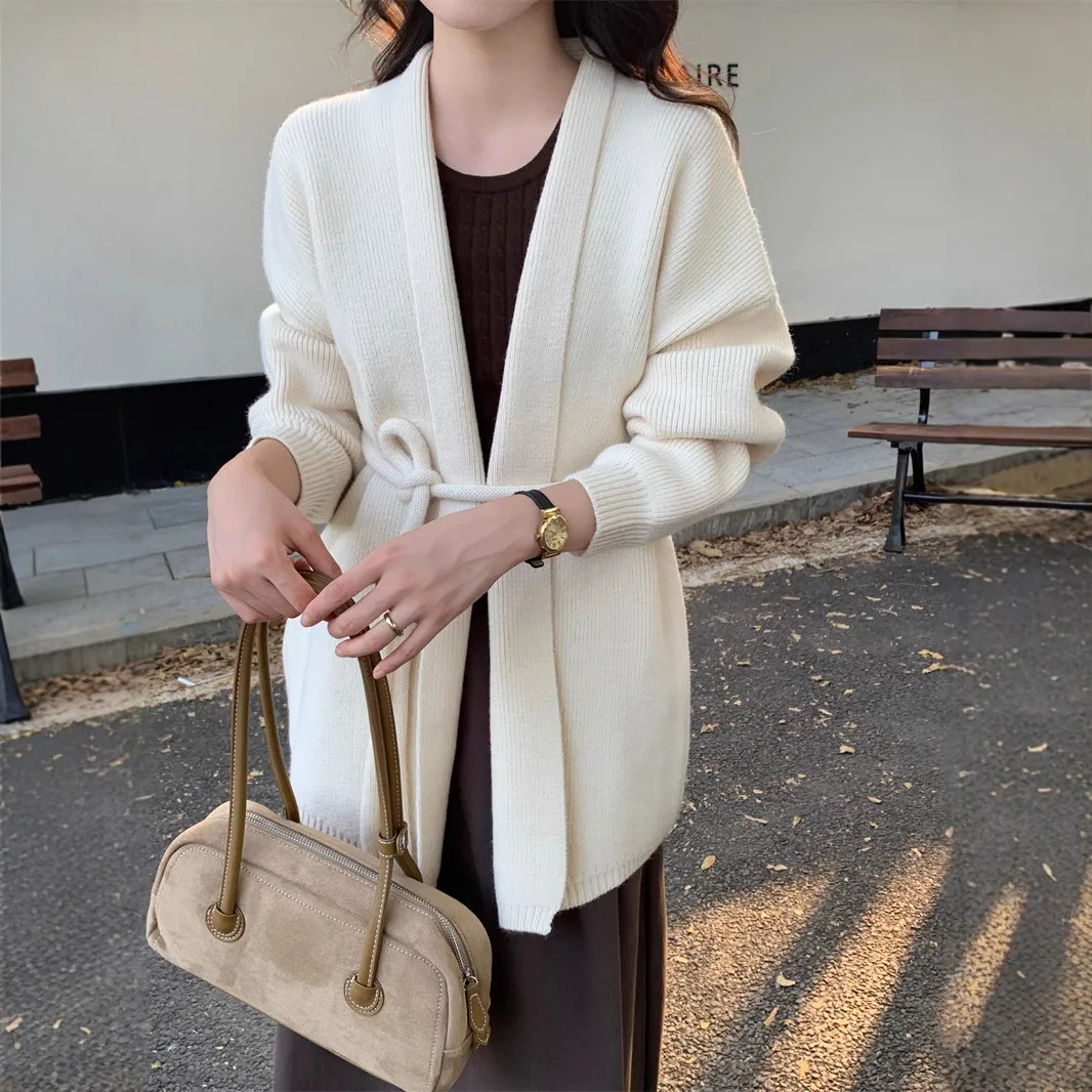 

Women Knitted Cardigan Sweaters Solid Jumpers Lace Up Waist V Neck Long Sleeves Open Stitch Straight Casual Autumn Winter 2025