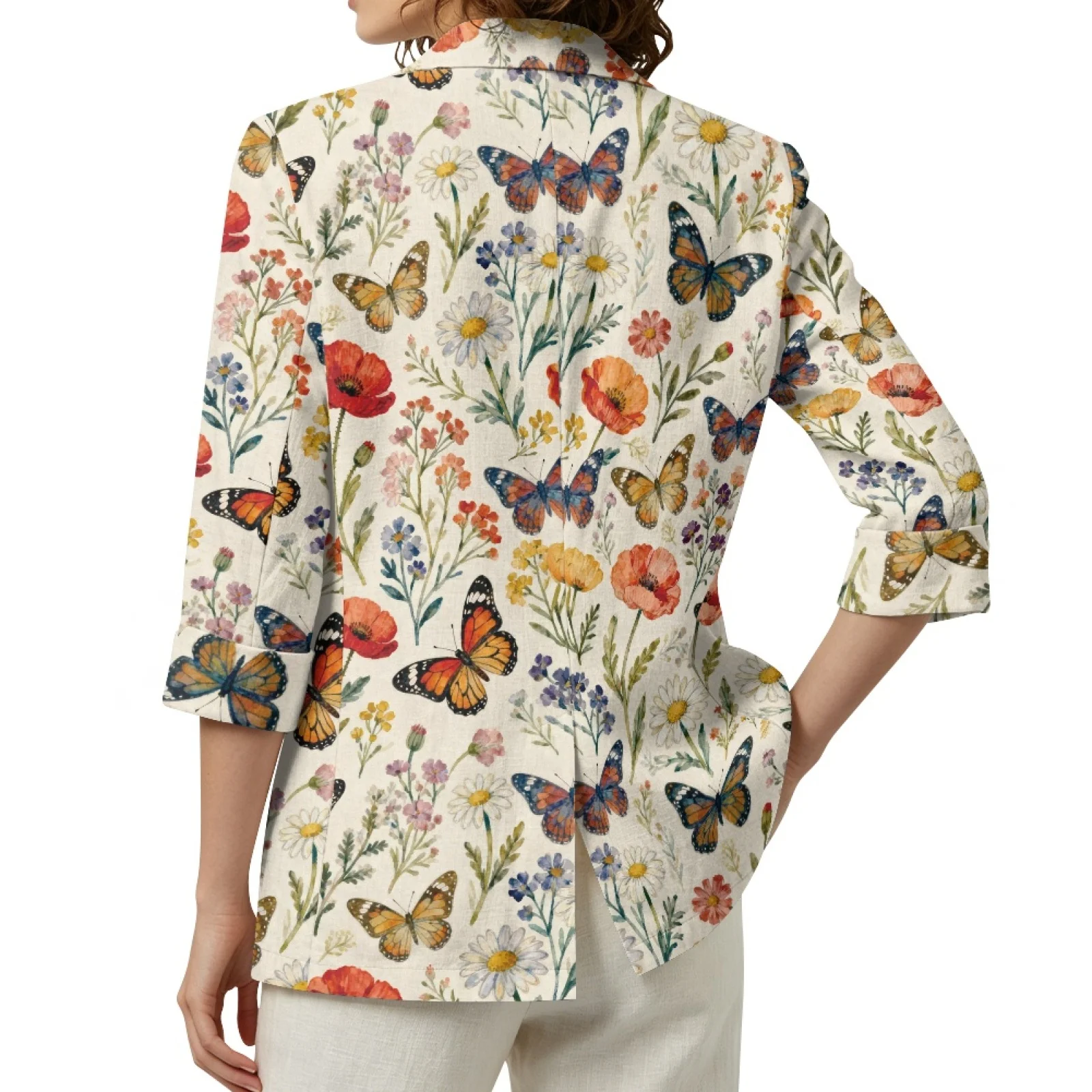 PENSTROLL Butterfly Floral Print Linen Like Open Front Tops Loose Thin Coat for Women S-3XL