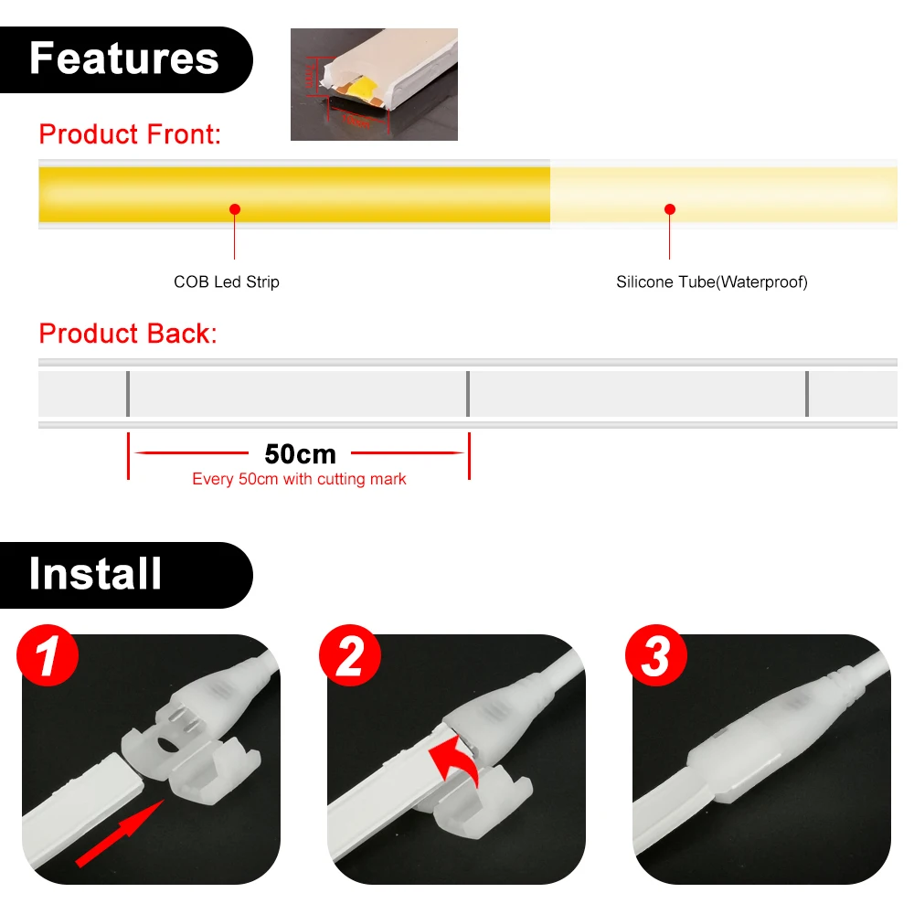 220V COB LED Neon Strip Light 288LEDs/m Wysoka gęstość Elastyczna wodoodporna RA90 25M Wtyczka EU 3000k 4000k 6000k Do sypialni Kuchnia