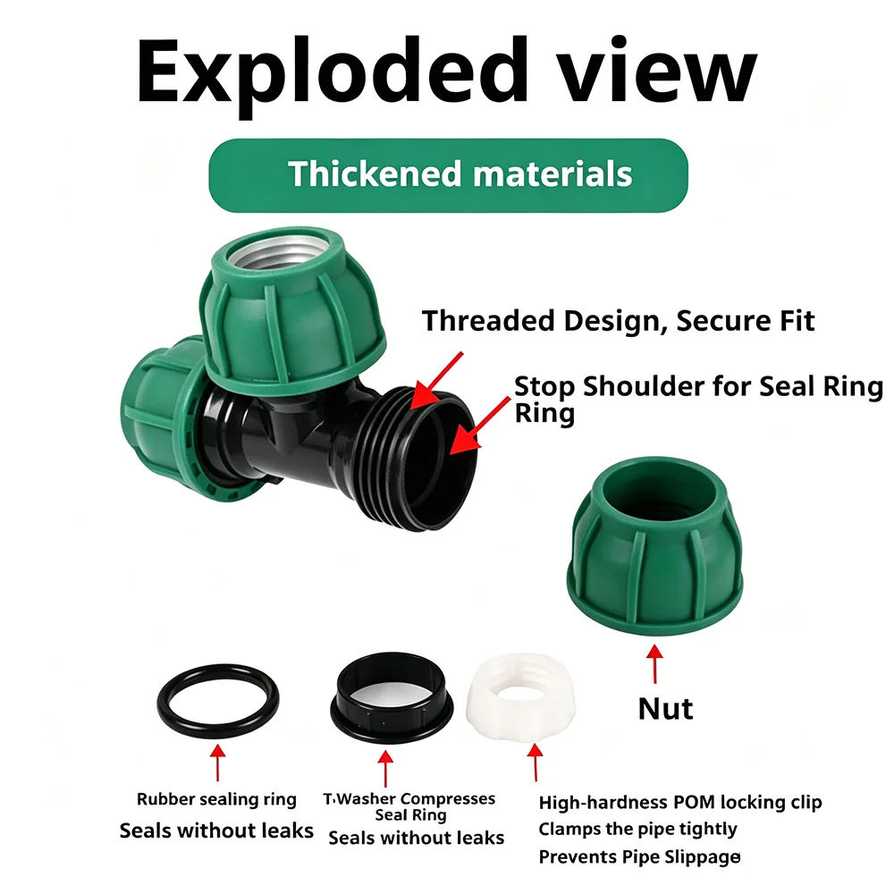 PE Pipe Compression Tee Fitting 20/25/32mm PP Quick Connect 3‑Way Splitter Leak‑Proof for Garden Farm  Irrigation Water Pipe Con