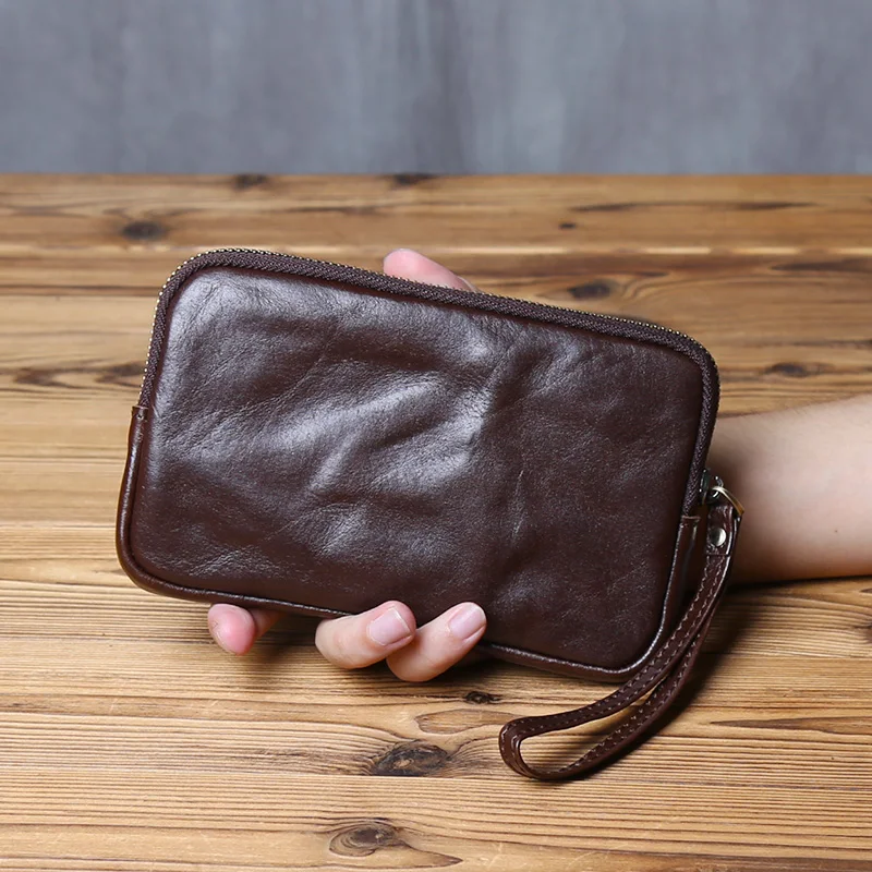 Vintage Genuine Leather Wallet for Men and Women, Head Layer Cowhide, Leisure Mobile Phone Bag, Bank Card Zipper, Wrist Wrap