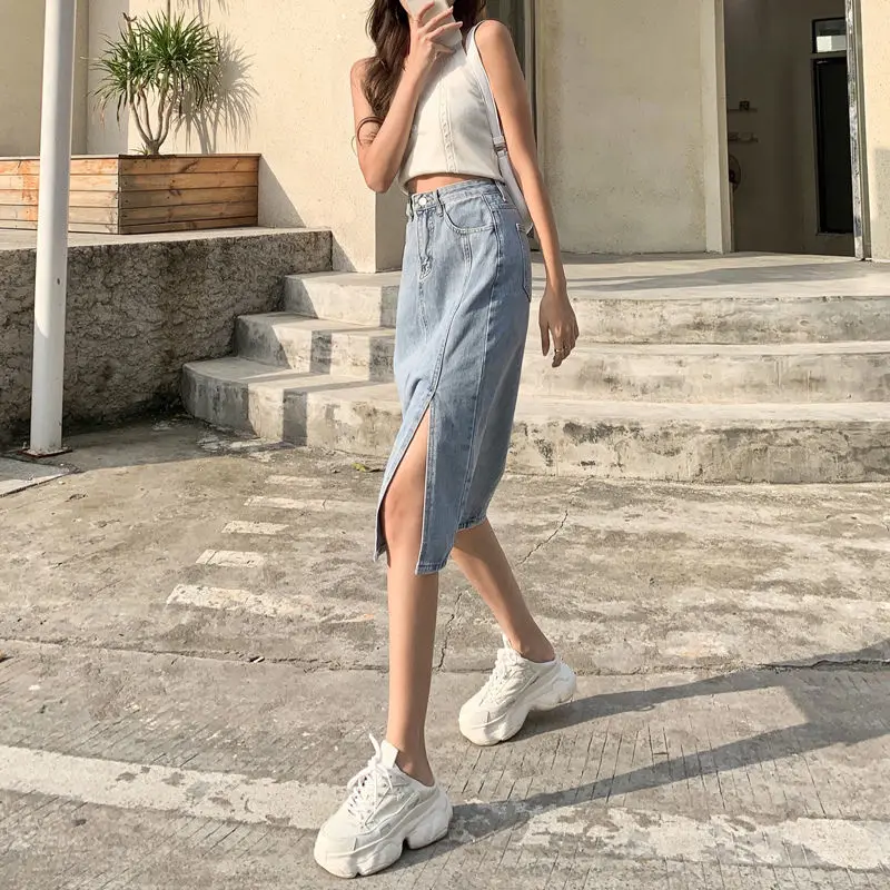 Nữ Váy Denim Bọc Gợi Cảm Midi Dài Hông Mùa Hè Xẻ Hàn Quốc Cao Cấp Mini Váy Nữ Thời Trang 2022 Chặt Vintage Mới