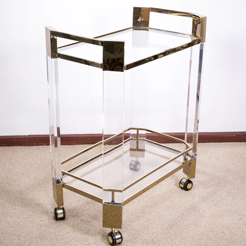 

Tiered Hotel Luxury Gold Metal Frame Service Bar Cart Service Acrylic Bar Wine Cart