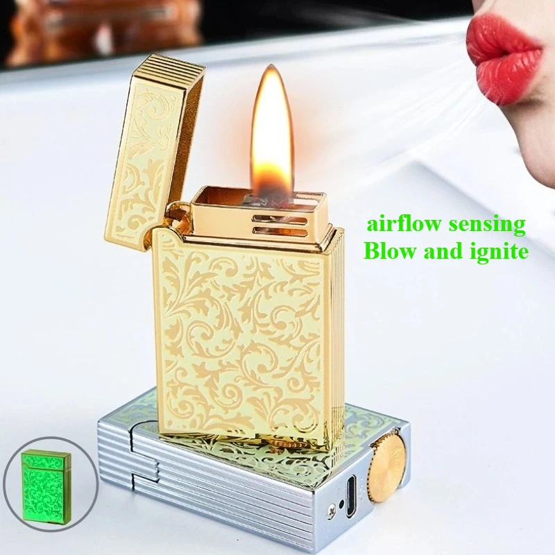 Type-C metal intelligent voice controlled lighter luminous side sliding grinding wheel open flame cigarette lighter smoking gift
