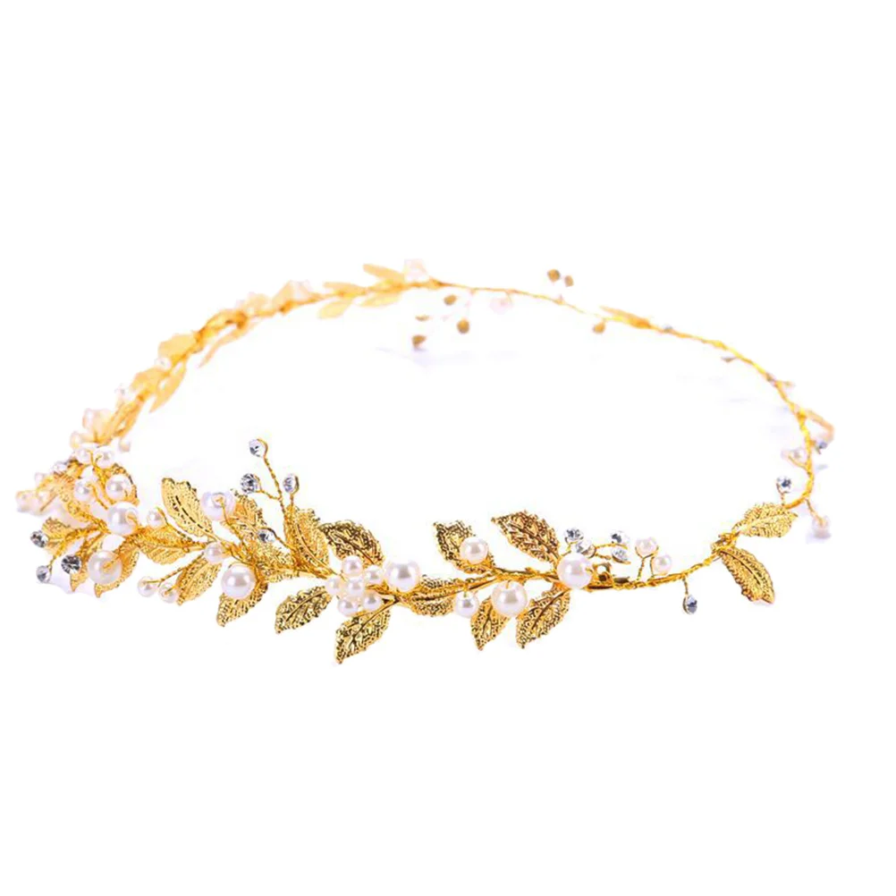 

Crystal Pearl Wedding Headdress Golden Leaves Handmade Headband Bridal Hair Band Headdress for Bride Bridesmaid Prom Pageant