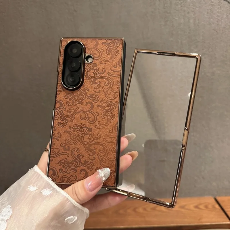 For Samsung Galaxy Z Fold 8 7 6 5 4 3 electroplated leather dragon scale texture with tempered glass film shockproof phone case