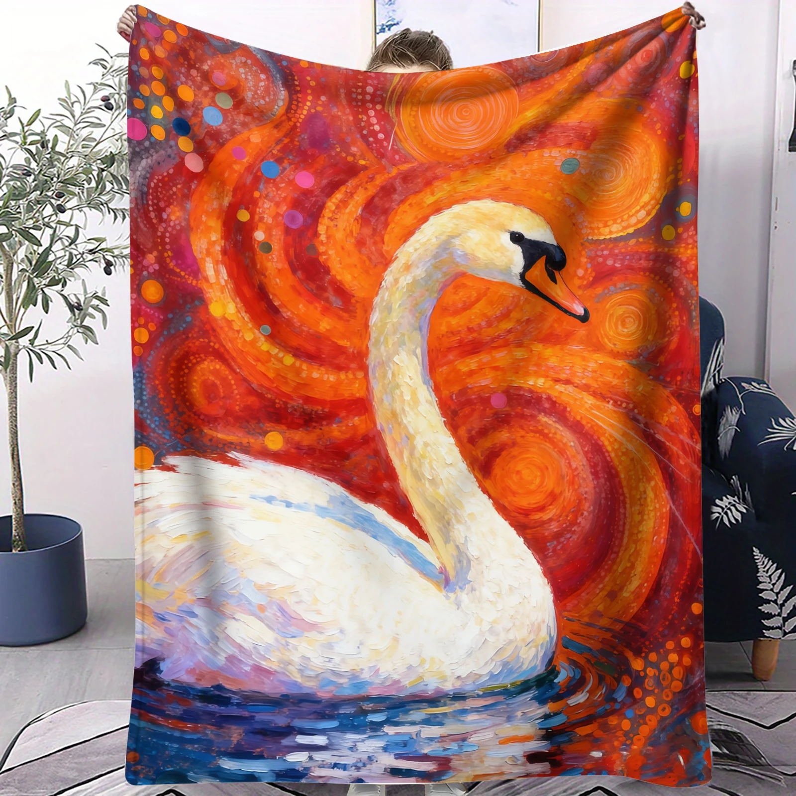 Elegant swan artistic style pattern Flannel printed blanket suitable for all seasons suitable for living room office sofa travel