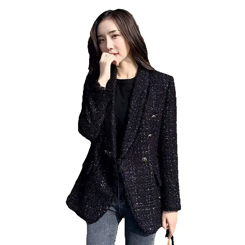 

Fashion Black Woolen Coat for Women Small Fragrant Style 2025 New Autumn Winter Jacket Slim High-end Blended Woolen Suit Coat
