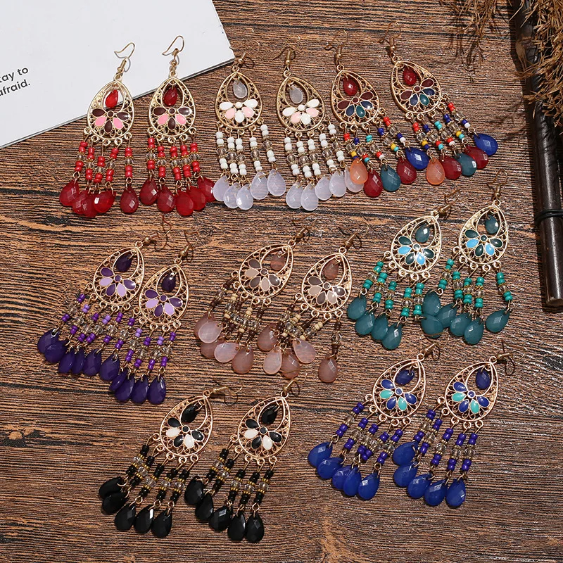 Vintage Ethnic Long Drop Oil Flower Beads Tassel Earrings for Women Boho Gold Color Hollow Acrylic Water Drop Dangle Earrings