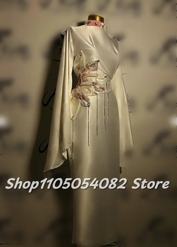 Customised High Neck Gorgeous Evening Dress Ivory Bell Sleeves Applique Studs Beading Fringe Satin Straight Prom Dress