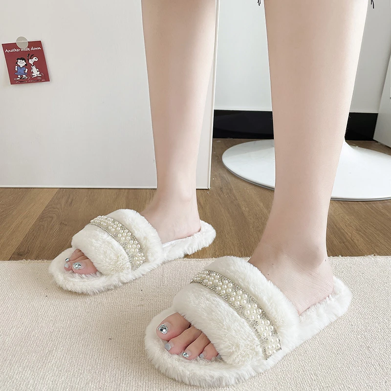 Small Niche Rhinestone Hairy Slippers for Women, 2026 Autumn and Winter, New One-piece Home Shoes for Outdoor Wear view 5