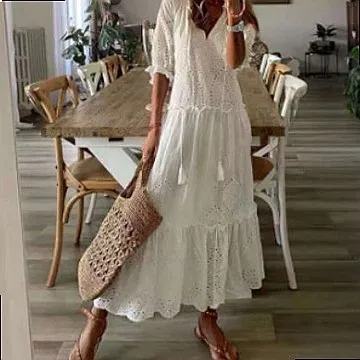 Women Sweet V Neck Embroidered Cotton Dress Long Spliced Lace Up Dresses