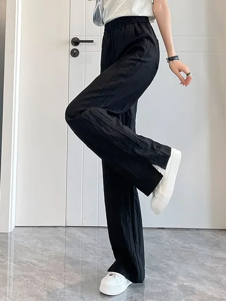 Letnie cienkie lodowe Slik podział proste spodnie damskie dorywczo luźne szerokie nogawki Pantalones koreańskie modne elastyczne spodnie dresowe z wysokim stanem