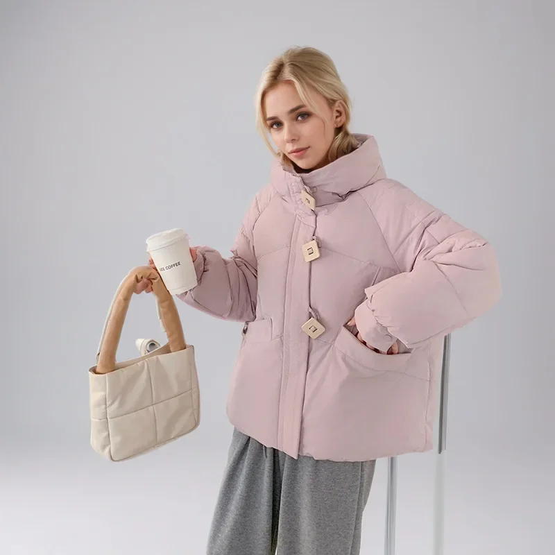 Winter-Parka für Damen, gespleißt, einreihig, große Taschen, gepolsterter Mantel für Stehkragen, lässiger Damenmantel