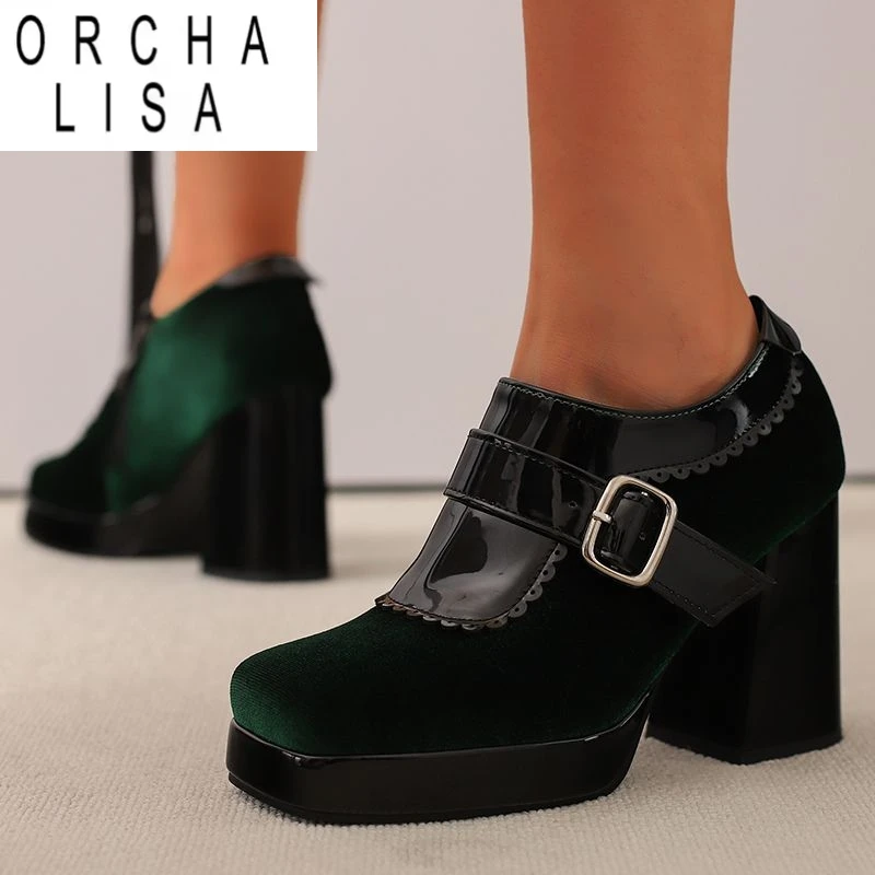 

ORCHA LISA Женские замшевые туфли-лодочки из флока с квадратным носком на массивном каблуке 9,5 см, платформа 2 см, застежка-молния, пряжка ремня, разноцветные, большой размер 47 48 U